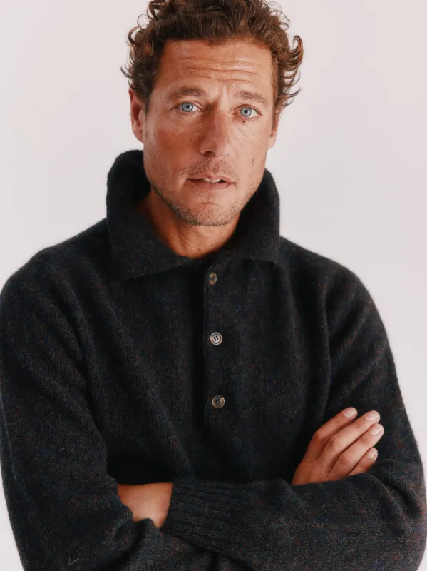 Harley of Scotland Mens Shetland Eton Collar Sweater - Volcano / Midnight Black made by Bosie Knitwear