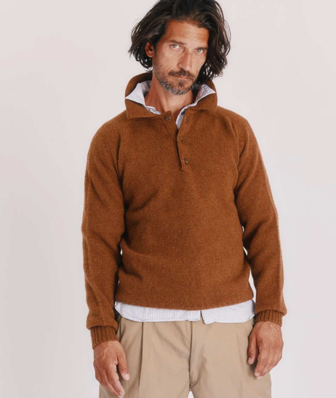 Harley of Scotland Mens Shetland Eton Collar Sweater - Walnut / Pecan Brown sold by Bosie Knitwear product image thumbnail 3