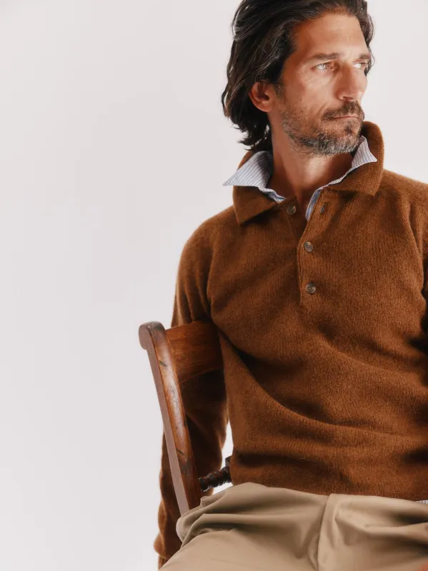 Harley of Scotland Mens Shetland Eton Collar Sweater - Walnut / Pecan Brown made by Bosie Knitwear