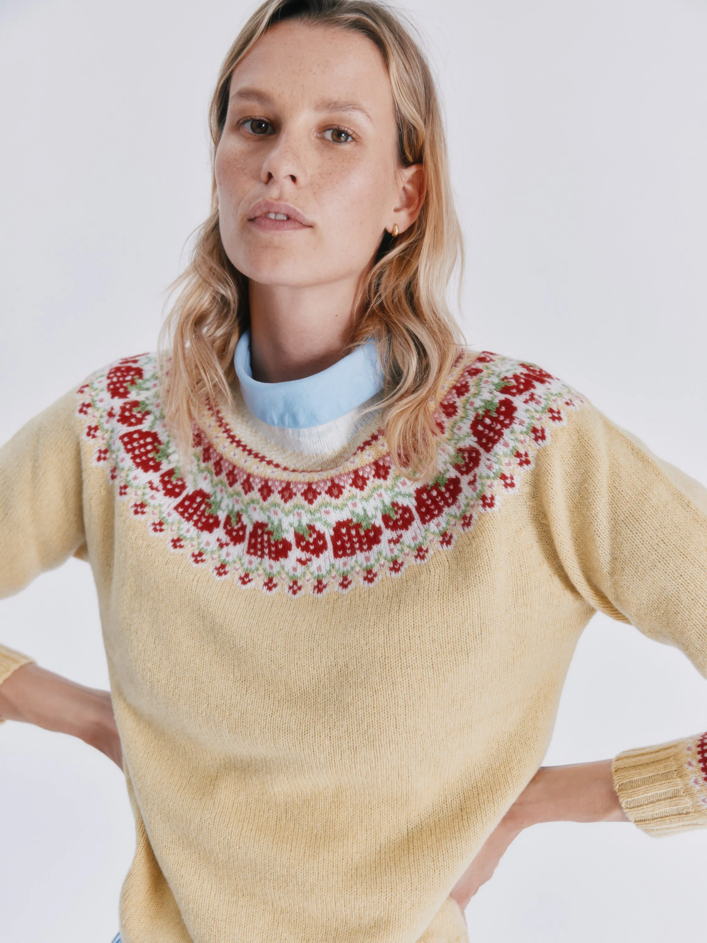 Strawberries Fair Isle Geelong Women's Sweater - Honey sold by Bosie Knitwear