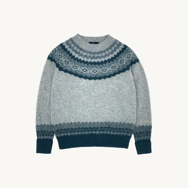 Borealis Yoke Brushed Fair Isle Women's Lambswool Sweater - Sea Glass / Sea Pearl made by Bosie Knitwear