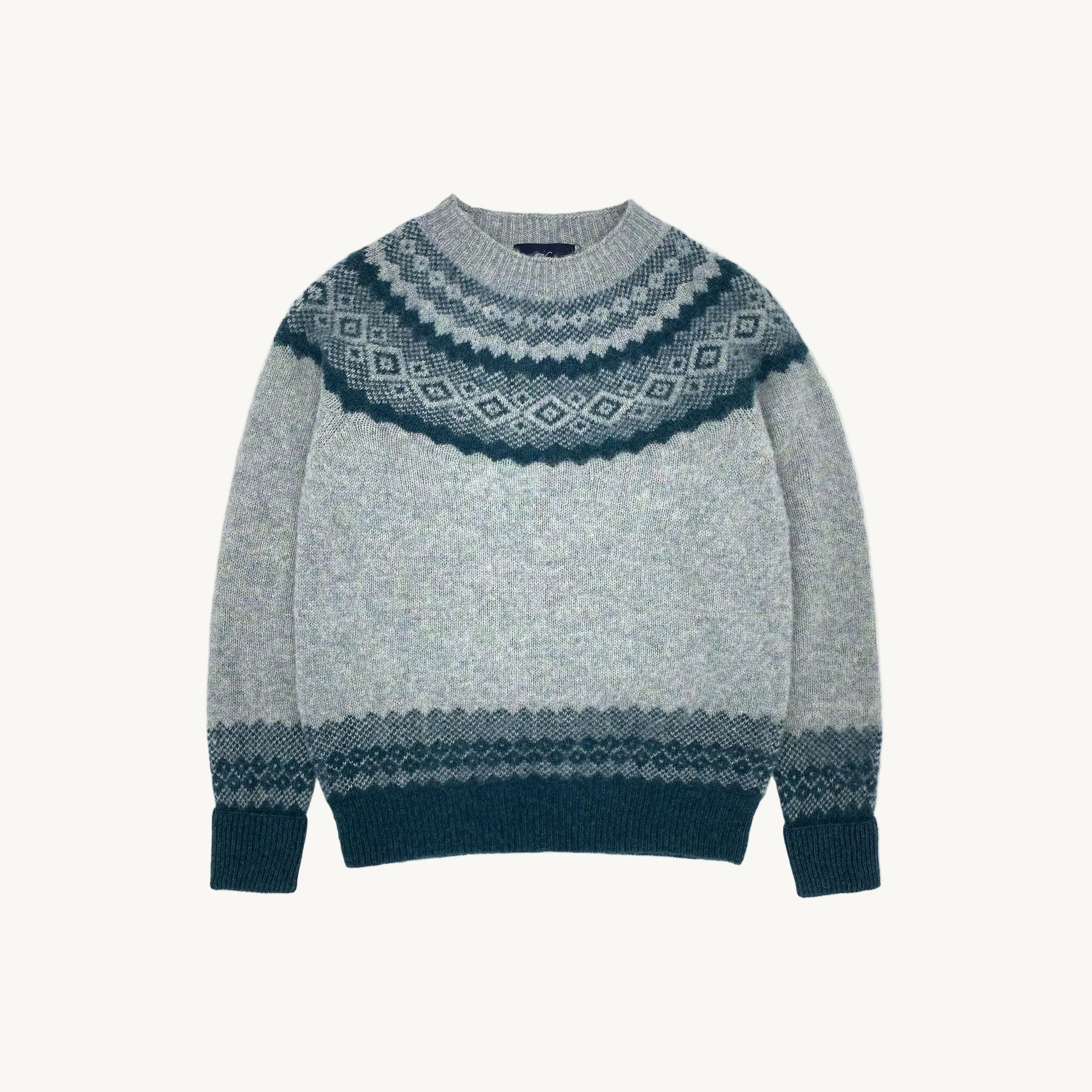 Borealis Yoke Brushed Fair Isle Women's Lambswool Sweater - Sea Glass / Sea Pearl sold by Bosie Knitwear