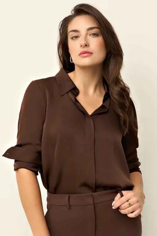 The Grace Silk Long Sleeve Blouse Chocolate sold by Sophie Rue