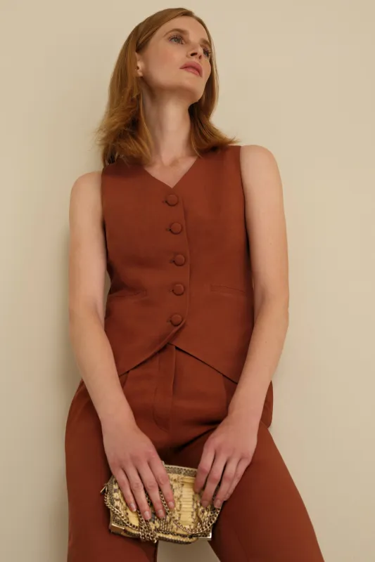 The No Gape Zora Linen Vest Cognac sold by Sophie Rue