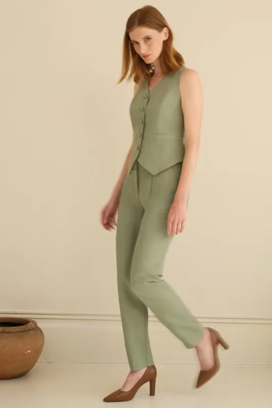 The Avery Pleated Trouser Sage sold by Sophie Rue