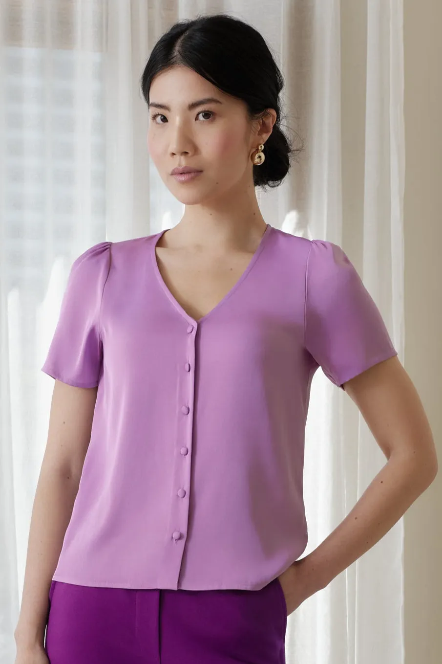 The Evelyn Silk Blouse Orchid sold by Sophie Rue