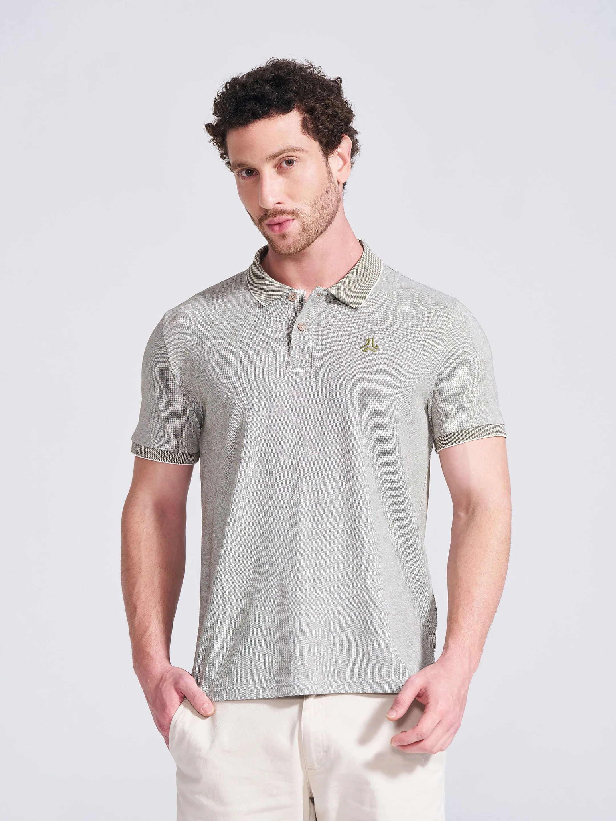 Men's Olive Self Design Polo Collar T-Shirt sold by Campus Shoes