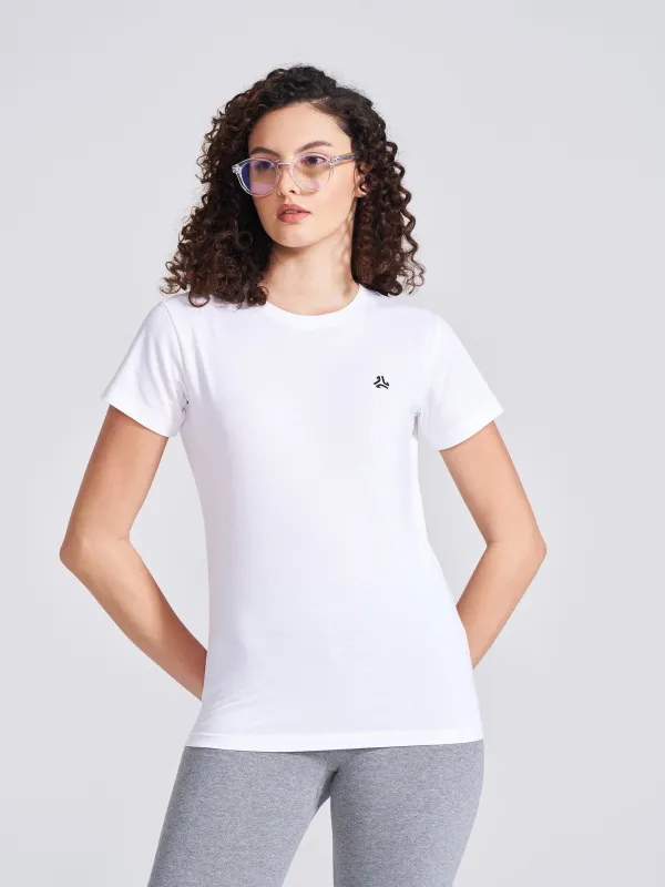Women's White Solid Round Neck T-Shirt sold by Campus Shoes