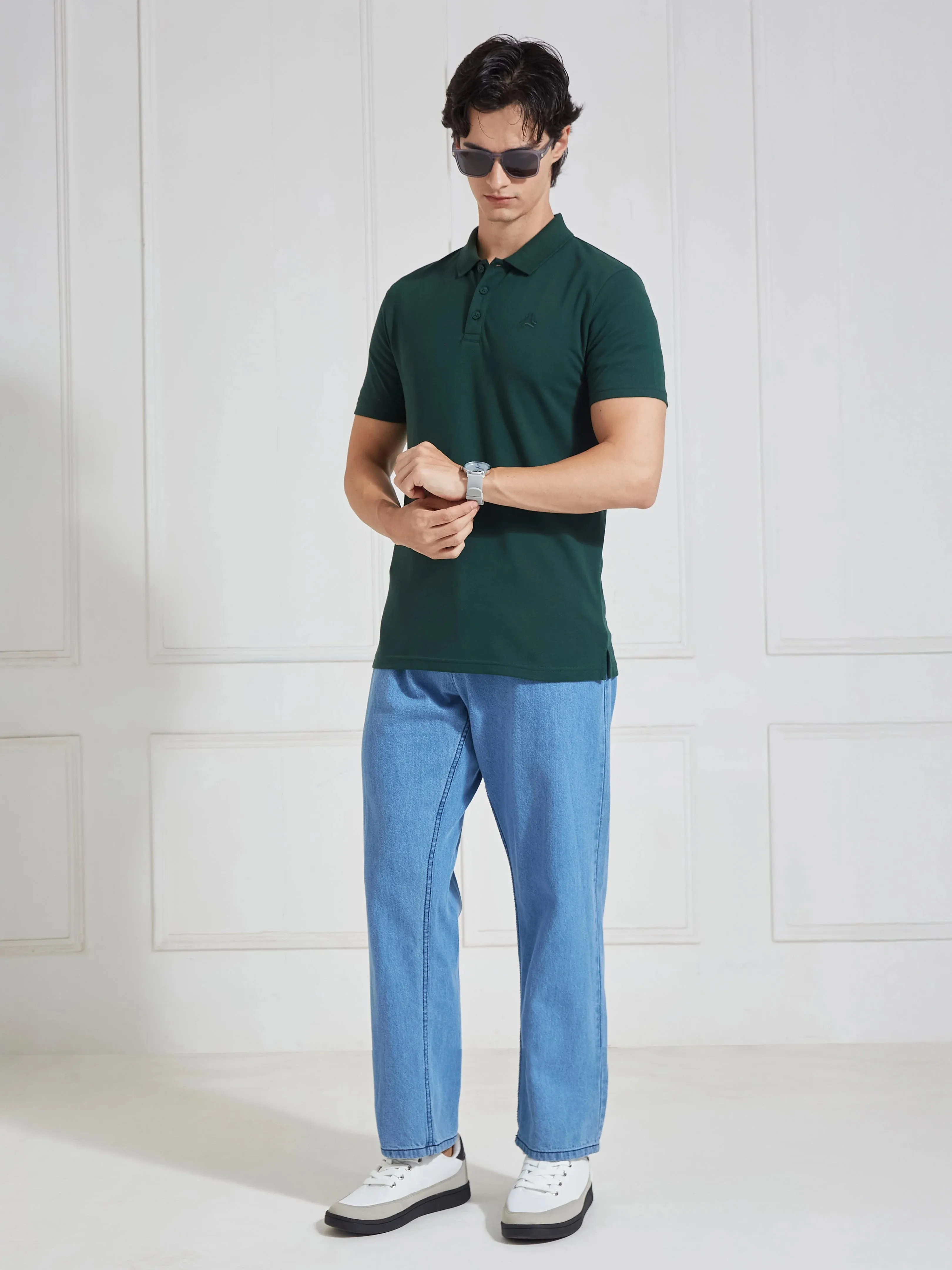 Men's Green Solid Polo Collar T-Shirt sold by Campus Shoes product image thumbnail 5