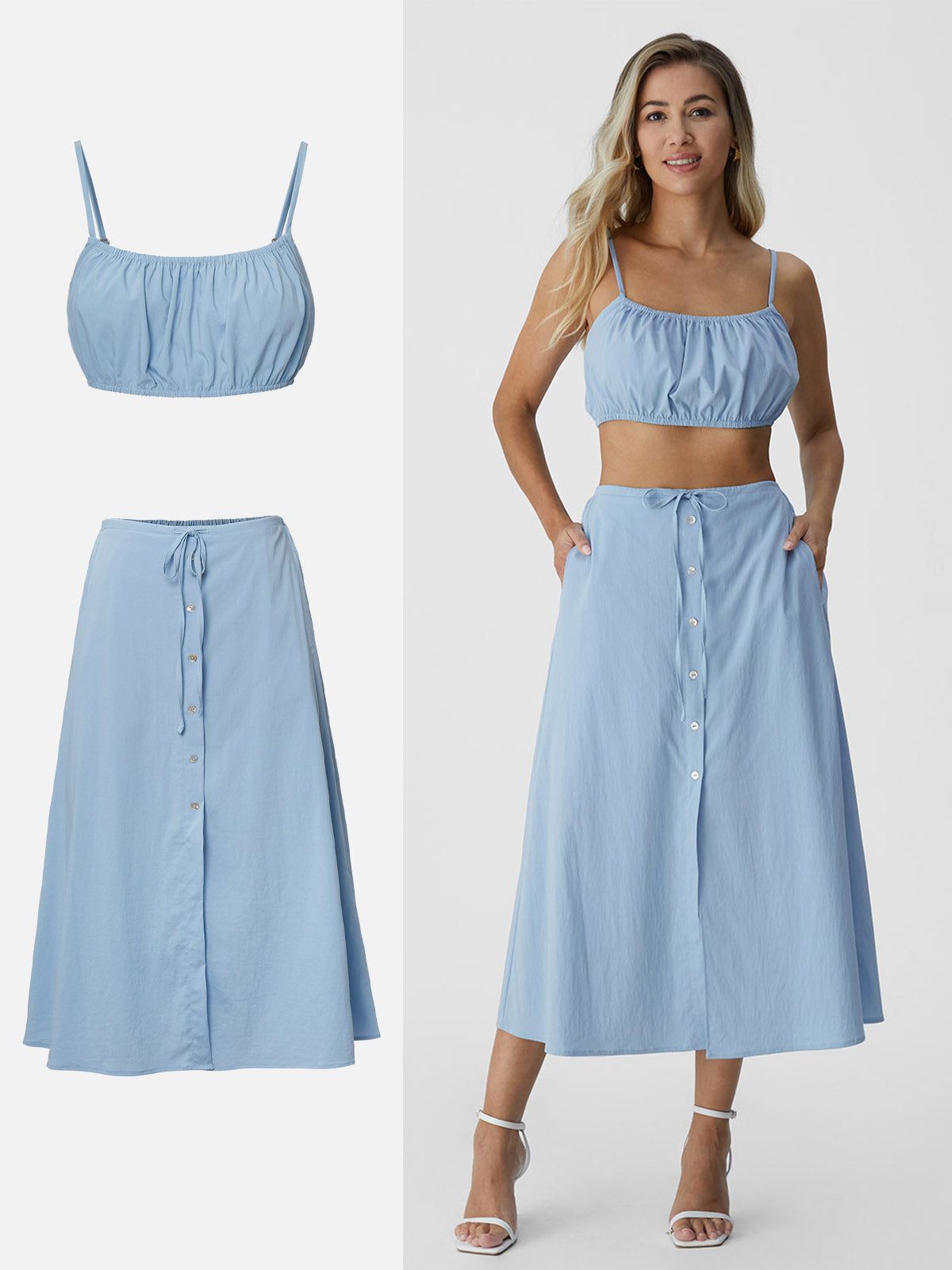 Super Cropped Ruched Cami & A-Line Placket Skirt-2Pcs Set sold by ogl move product image thumbnail 3