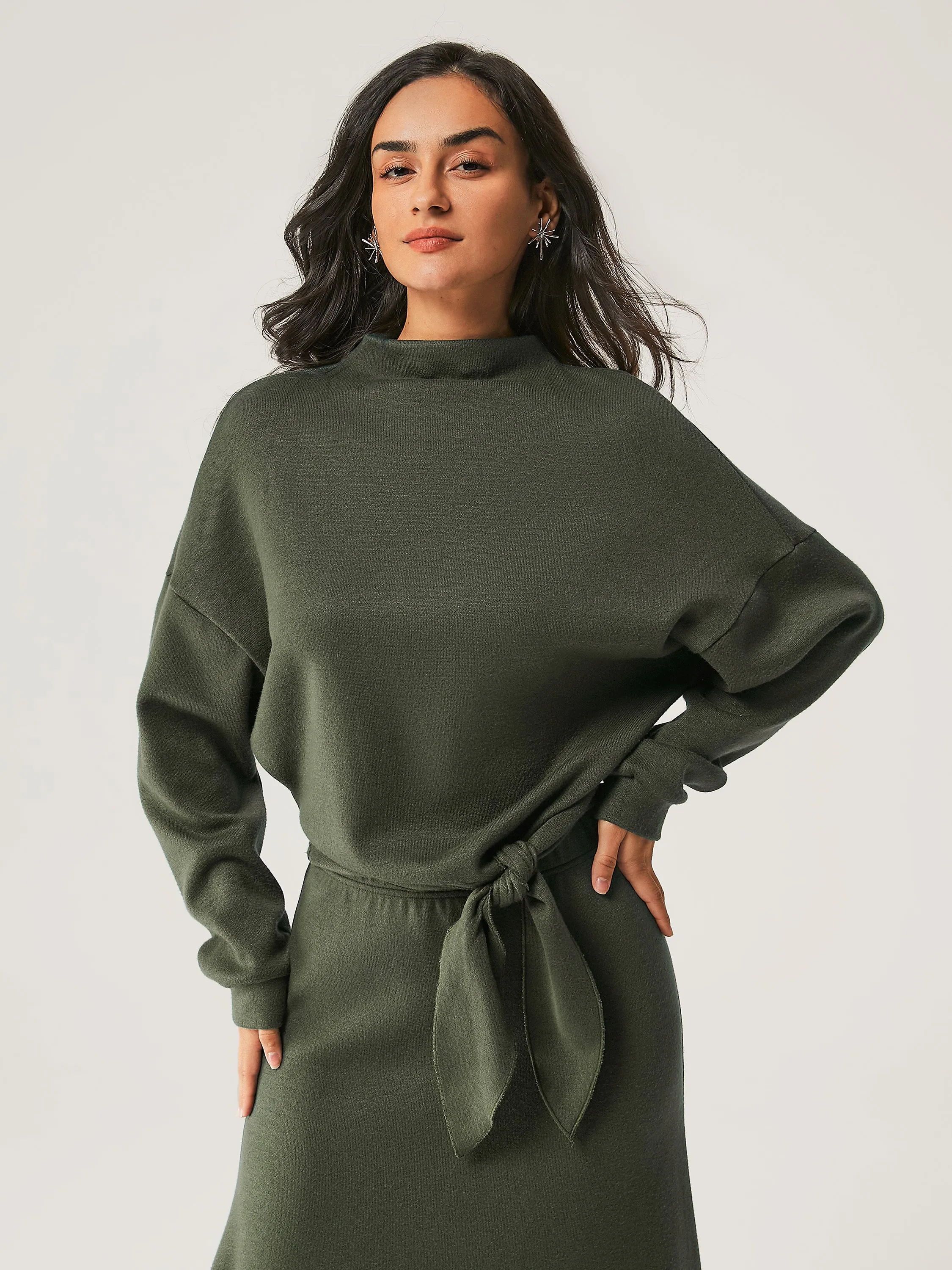 Cashsoft Mockneck Tie-Waist Top sold by ogl move