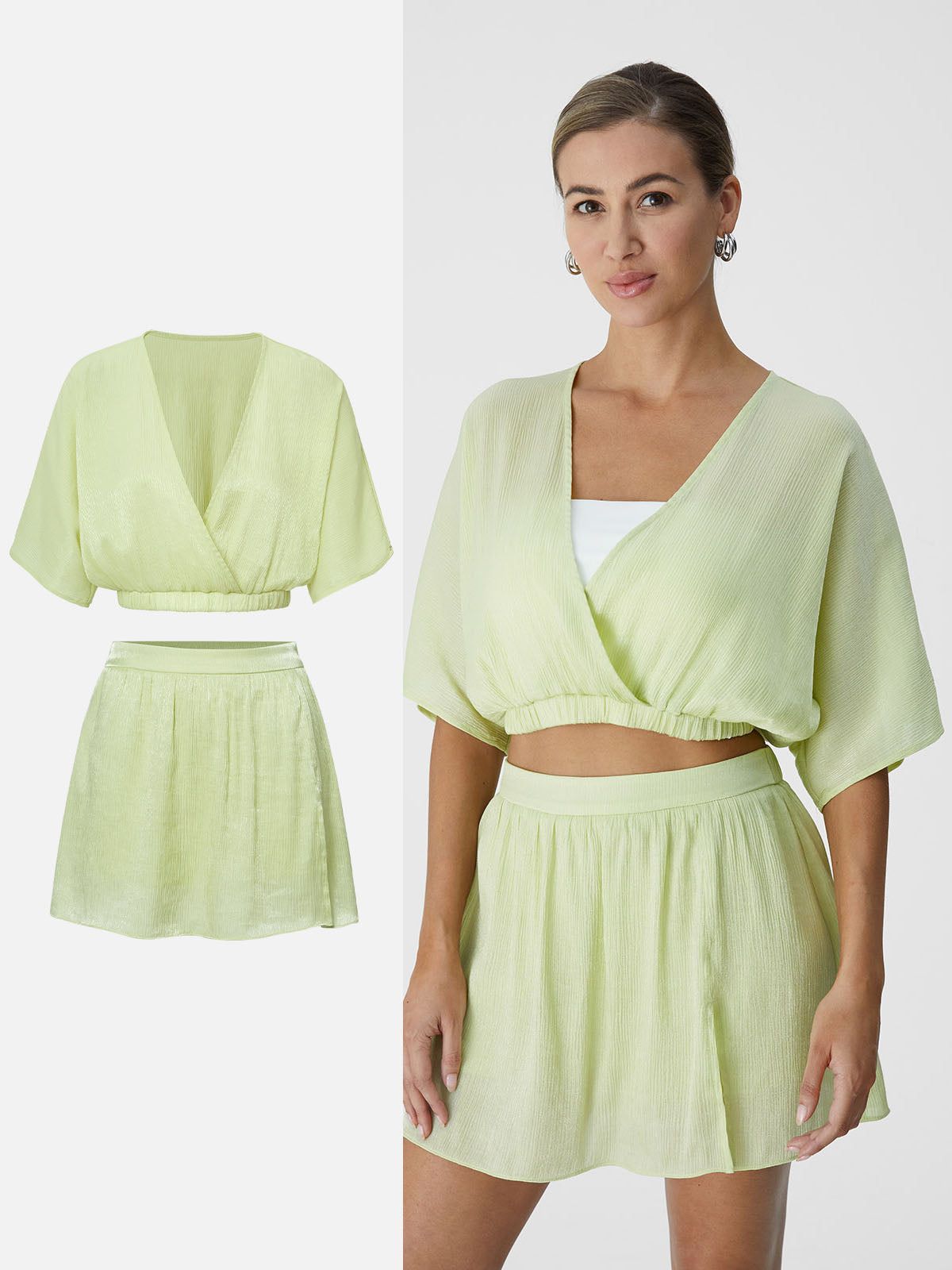 Silk-Like Pull Over Kimono Crop Top & Split Mini Skort-2Pcs Set sold by ogl move product image thumbnail 3