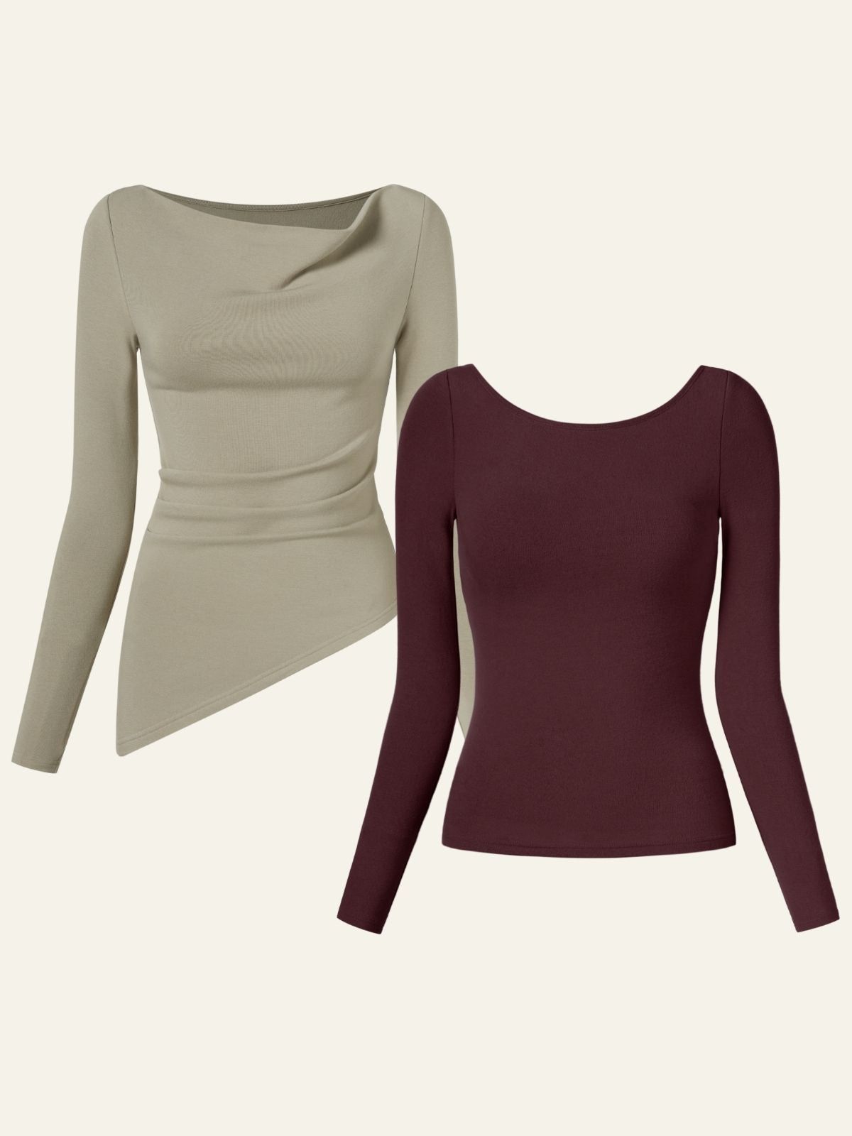 Eco-Mousse Cowl Neck Side Ruched Asymmetrical Top & Scoop Neck Open Back Brami Top 2Pcs Set sold by ogl move product image thumbnail 4