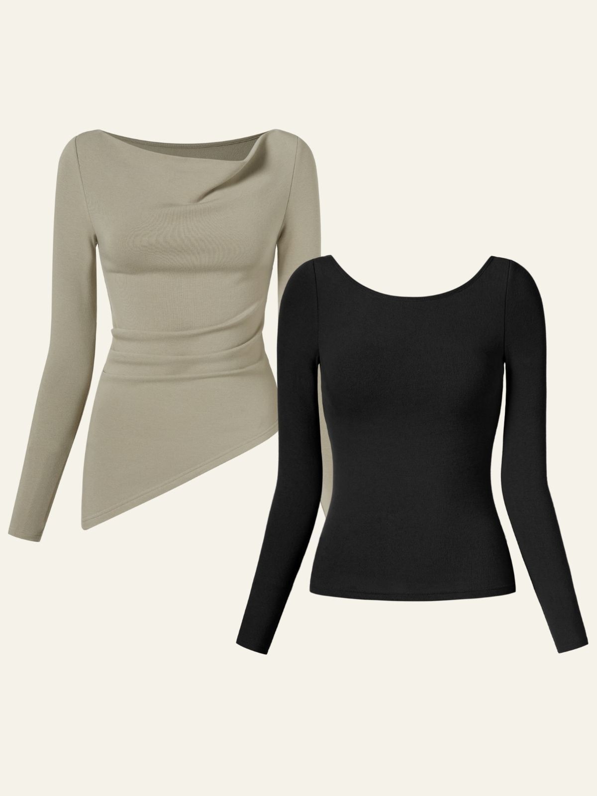 Eco-Mousse Cowl Neck Side Ruched Asymmetrical Top & Scoop Neck Open Back Brami Top 2Pcs Set sold by ogl move