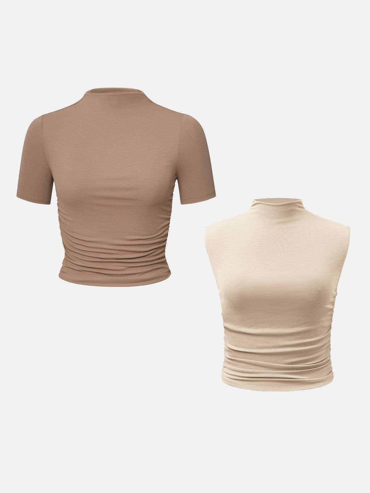 Eco-SkinKiss® Mock Neck Ruched Sides Tank Top & Short Sleeve Top -2Pcs Set sold by ogl move product image thumbnail 3