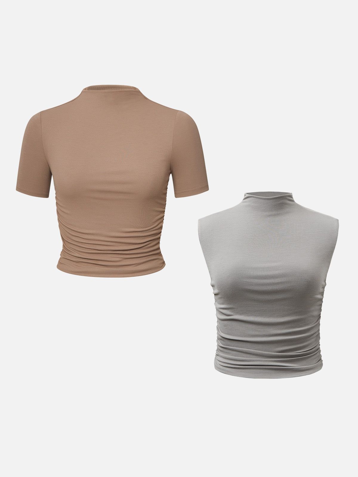 Eco-SkinKiss® Mock Neck Ruched Sides Tank Top & Short Sleeve Top -2Pcs Set sold by ogl move