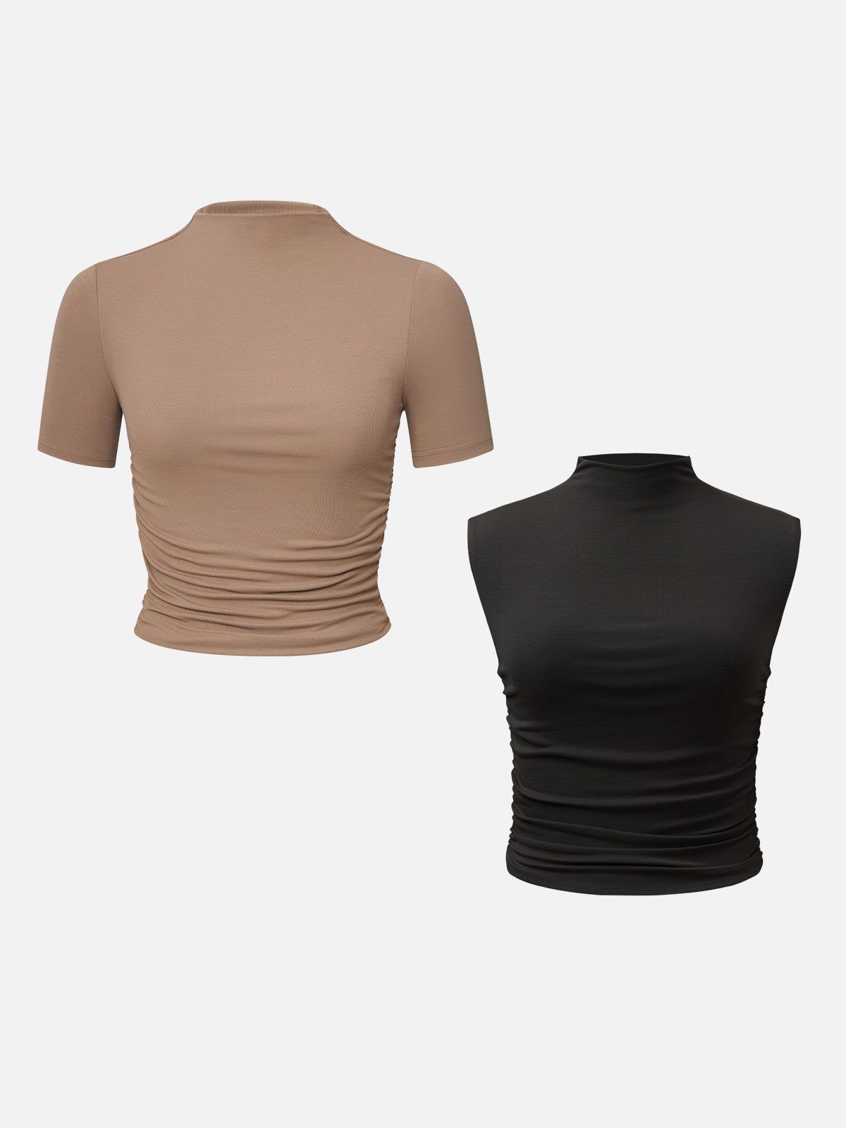Eco-SkinKiss® Mock Neck Ruched Sides Tank Top & Short Sleeve Top -2Pcs Set sold by ogl move product image thumbnail 2