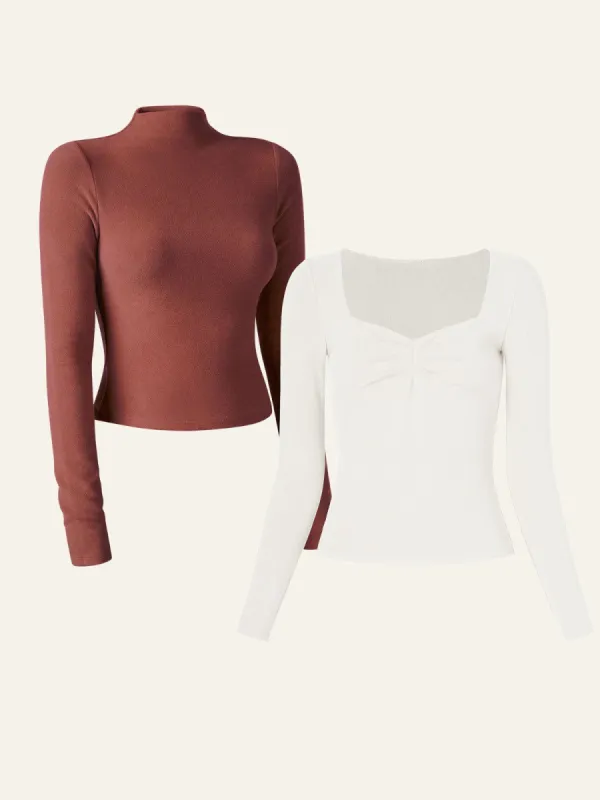 Anti-Bacteria Sweetheart Brami Top Thermal Brushed Rib Mock Neck Crop Top 2Pcs Set sold by ogl move
