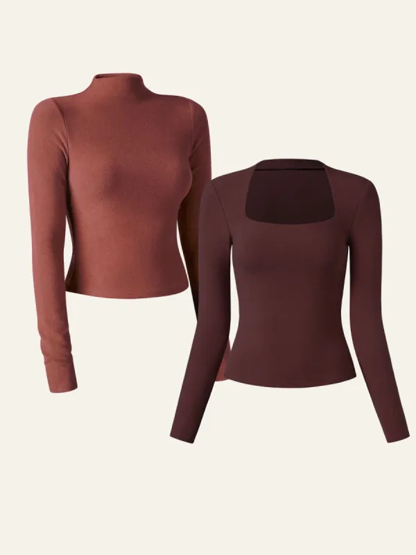 Eco-Mousse® Thermal Brushed Tapered Neck Top & Rib Mock Neck Crop Top 2Pcs Set sold by ogl move