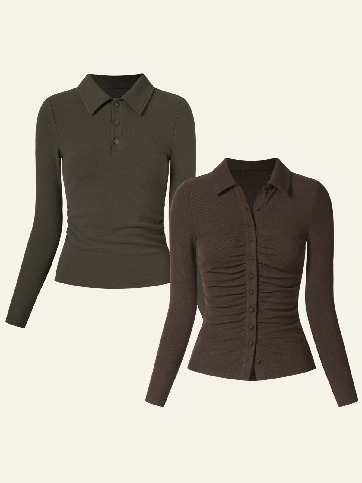 Eco-Mousse® Side Ruched Button Up Polo Shirt & Cozy Brushed Rib Fitted Button-Front Shirt 2Pcs Set sold by ogl move product image thumbnail 3