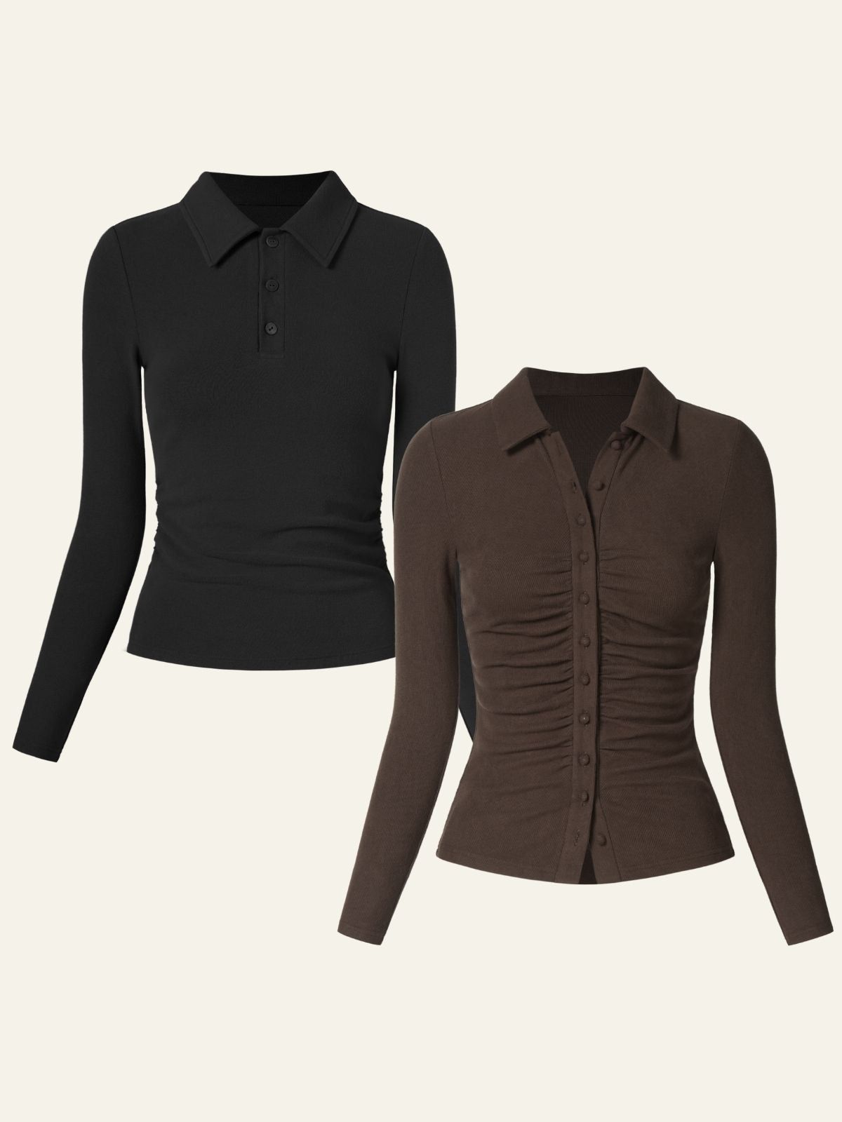 Eco-Mousse® Side Ruched Button Up Polo Shirt & Cozy Brushed Rib Fitted Button-Front Shirt 2Pcs Set sold by ogl move product image thumbnail 4