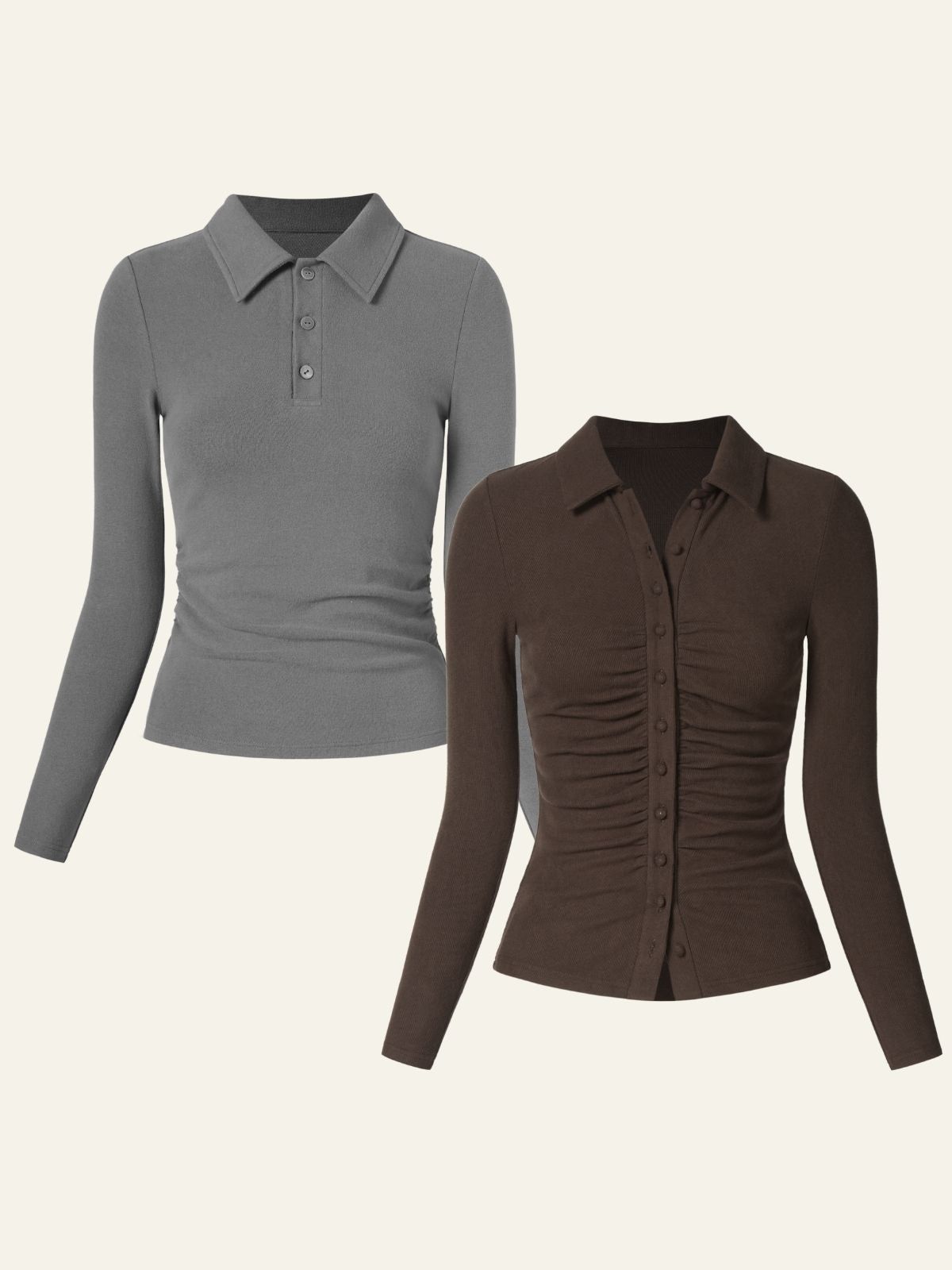 Eco-Mousse® Side Ruched Button Up Polo Shirt & Cozy Brushed Rib Fitted Button-Front Shirt 2Pcs Set sold by ogl move