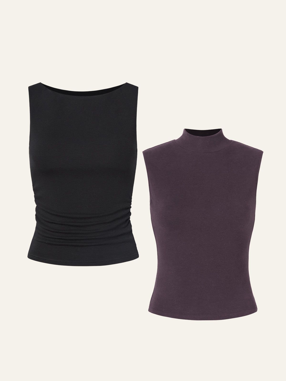 Ruched Sides Boatneck Brami & Brushed Mock Neck Everyday Tank Top 2Pcs Set sold by ogl move product image thumbnail 3