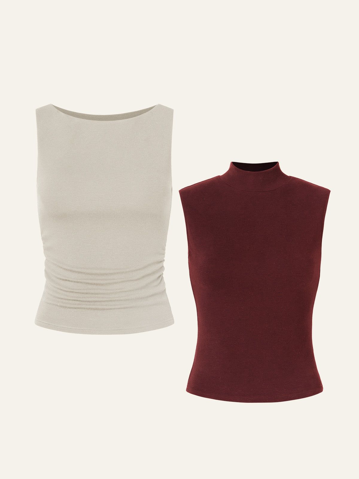 Ruched Sides Boatneck Brami & Brushed Mock Neck Everyday Tank Top 2Pcs Set sold by ogl move