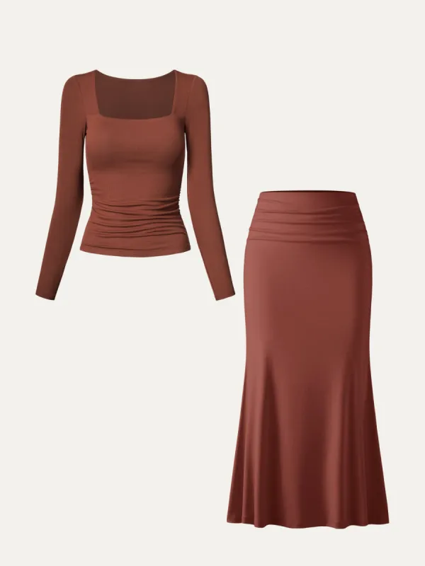 Square Neck Ruched Brami Top & Mermaid Maxi Skirt 2Pcs Set sold by ogl move