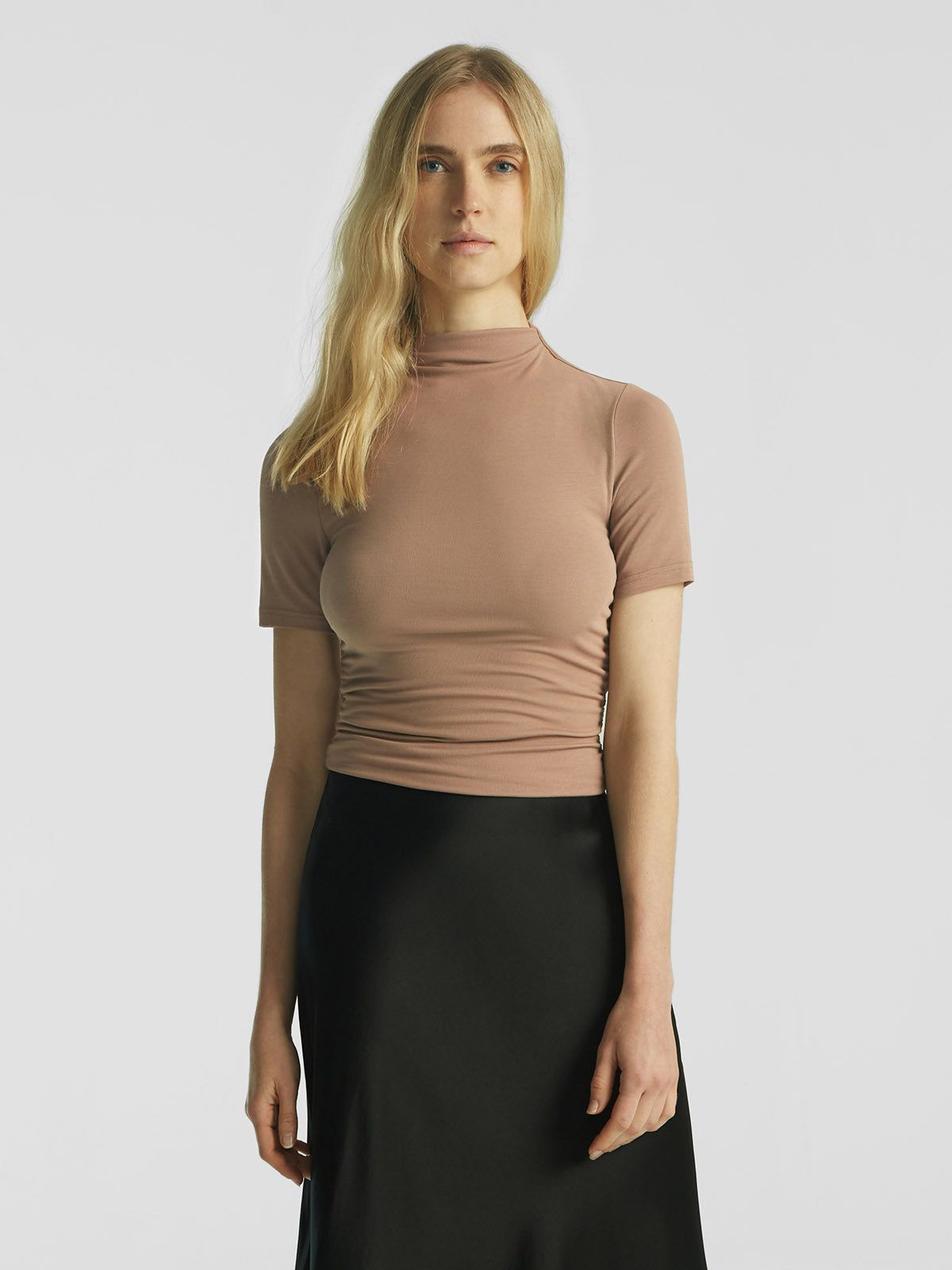 Eco-SkinKiss® Ruched Sides Mock Neck Short Sleeve Top sold by ogl move product image thumbnail 2