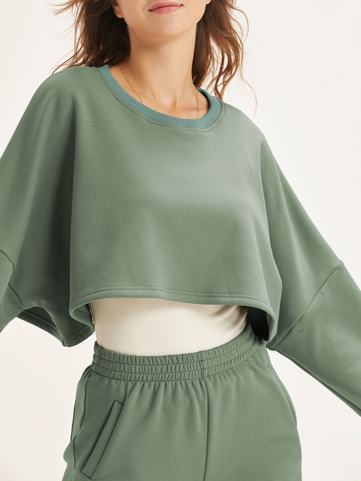 Cropped Fleece Crew Neck Sweatshirt & Premium Fleece Seamless Jogger 2Pcs Set sold by ogl move product image thumbnail 2