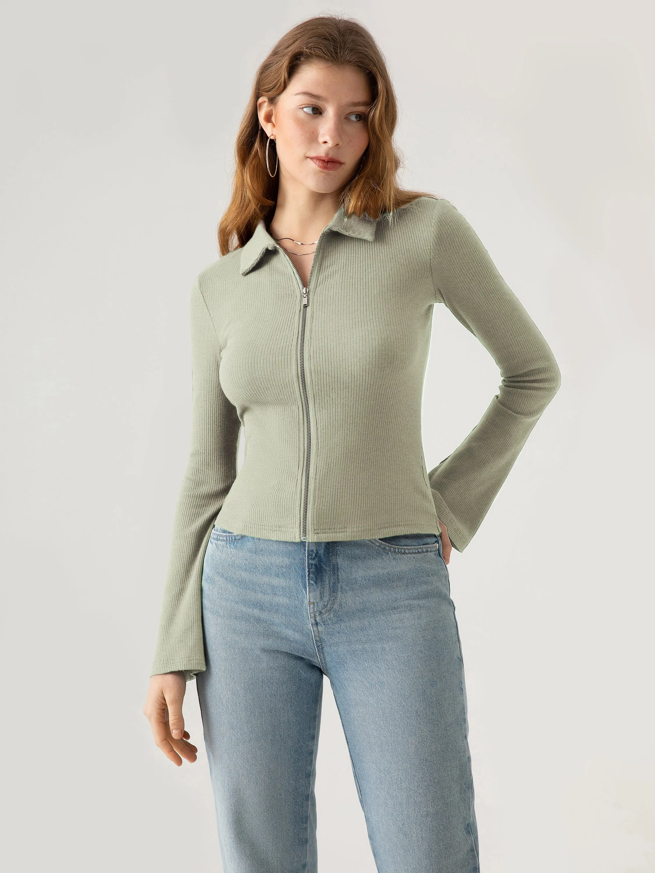 Plantive® Zip Front Flare Sleeve Top sold by ogl move