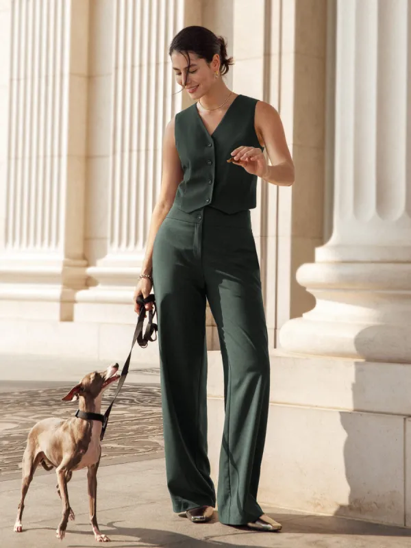 Suit Set V-neck Button Down Vest & High Waisted Straight Leg Suit Pants 2Pcs Set sold by ogl move