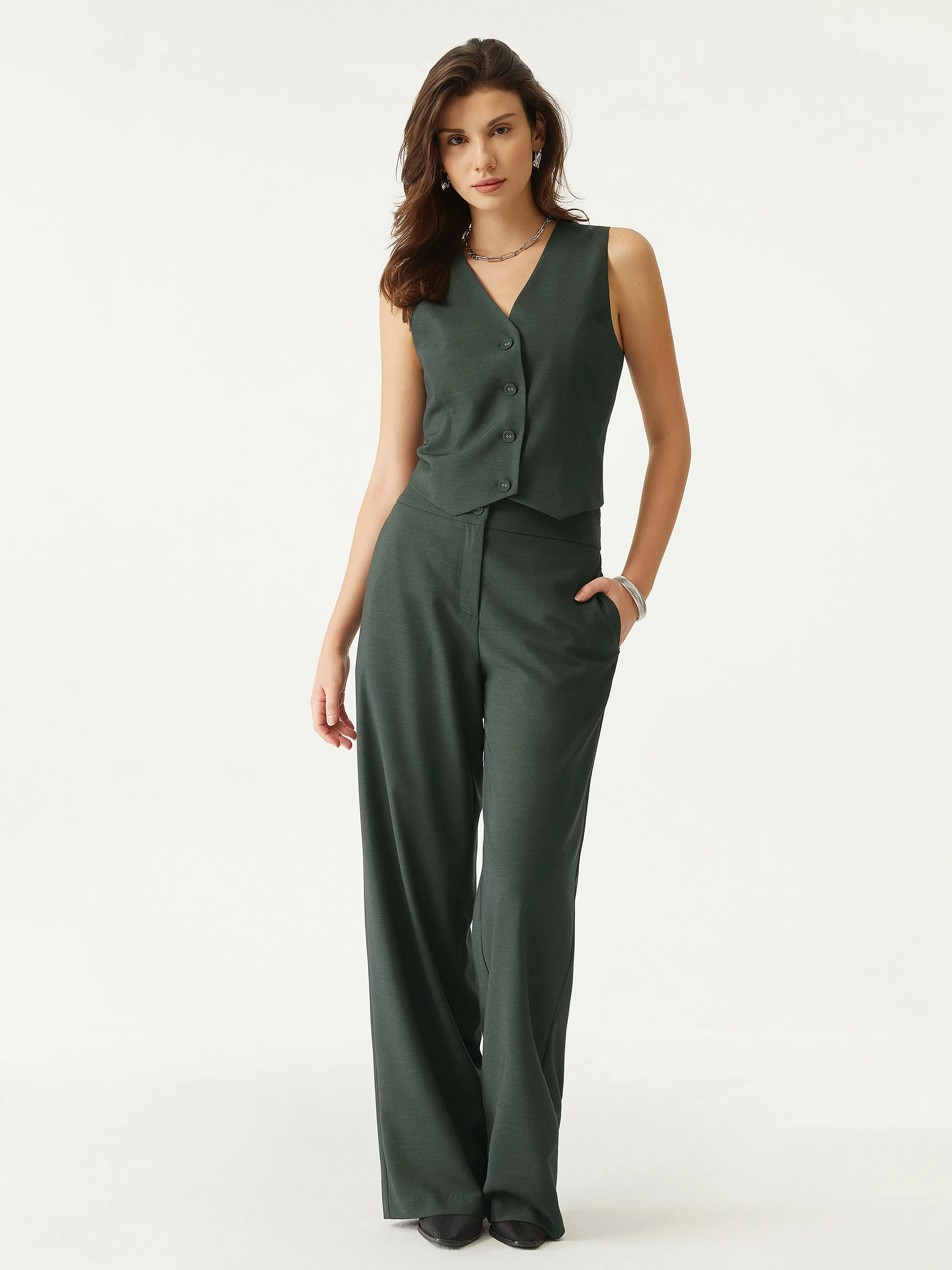 Suit Set V-neck Button Down Vest & High Waisted Straight Leg Suit Pants 2Pcs Set sold by ogl move product image thumbnail 2