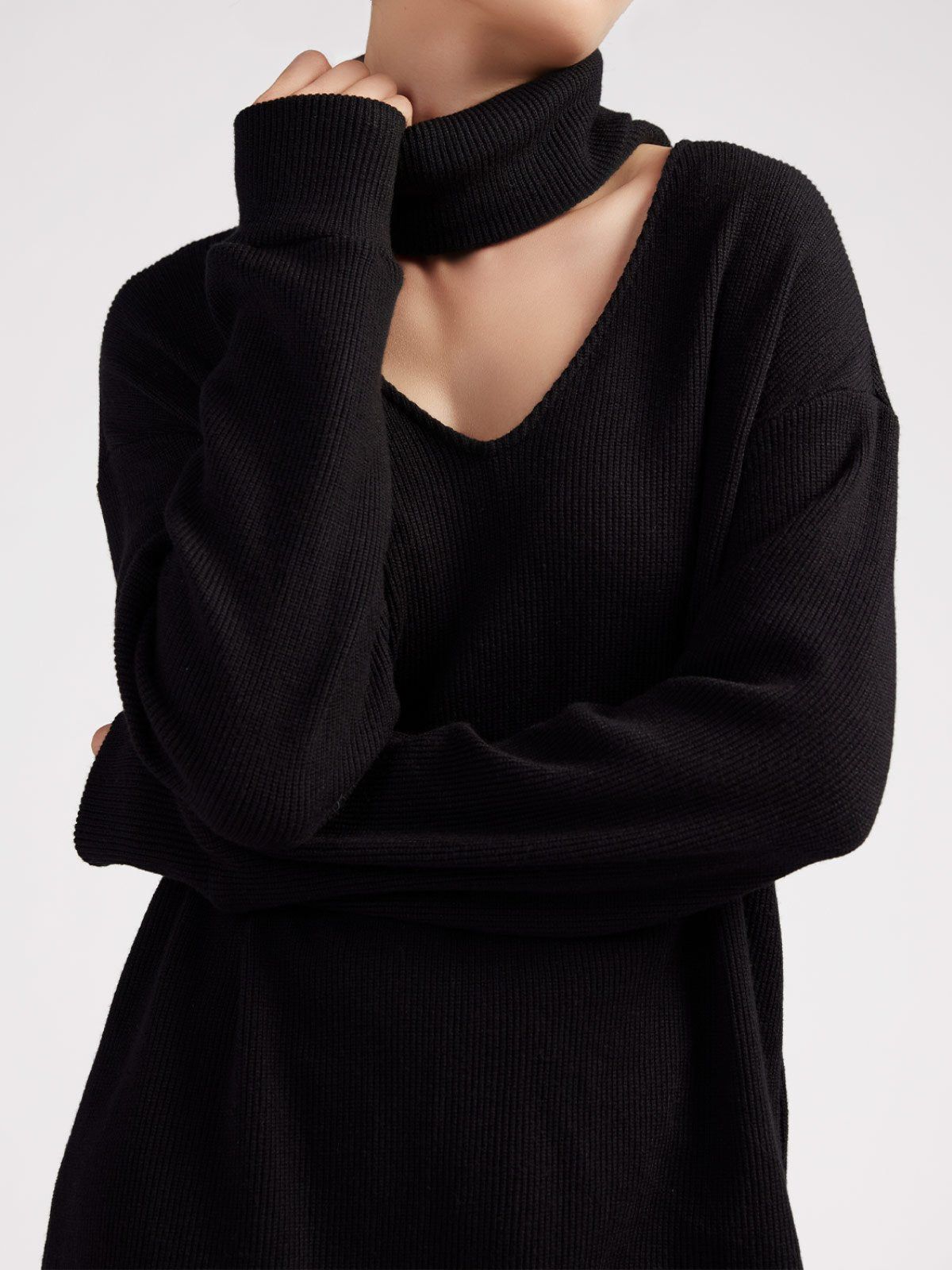 Mock Neck V-Shaped Cutout Sweater Dress sold by ogl move product image thumbnail 4