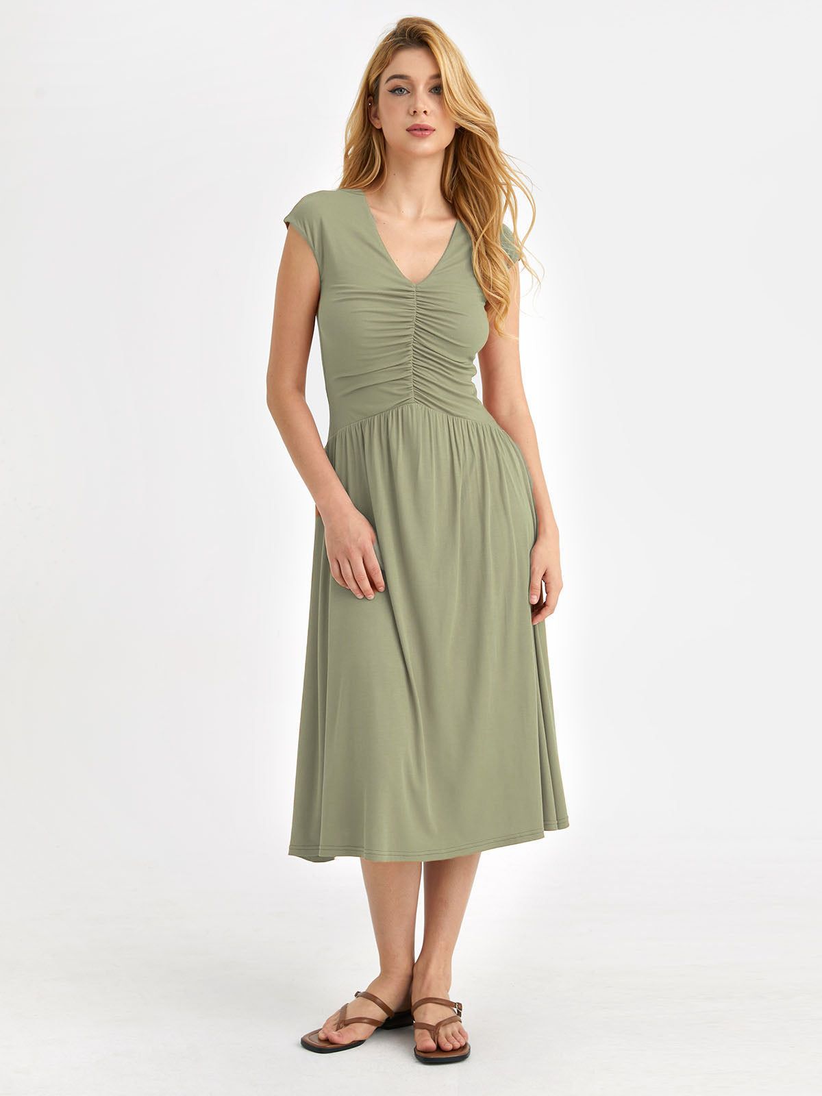 Eco-SkinKiss® Ruched V-Neck Midi Dress sold by ogl move