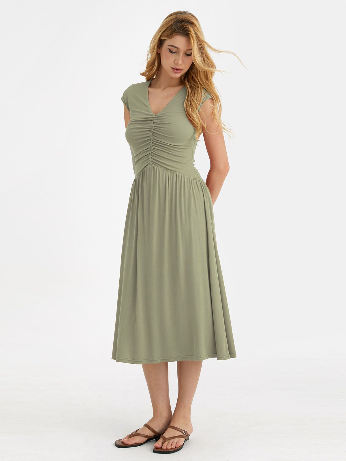 Eco-SkinKiss® Ruched V-Neck Midi Dress sold by ogl move product image thumbnail 4