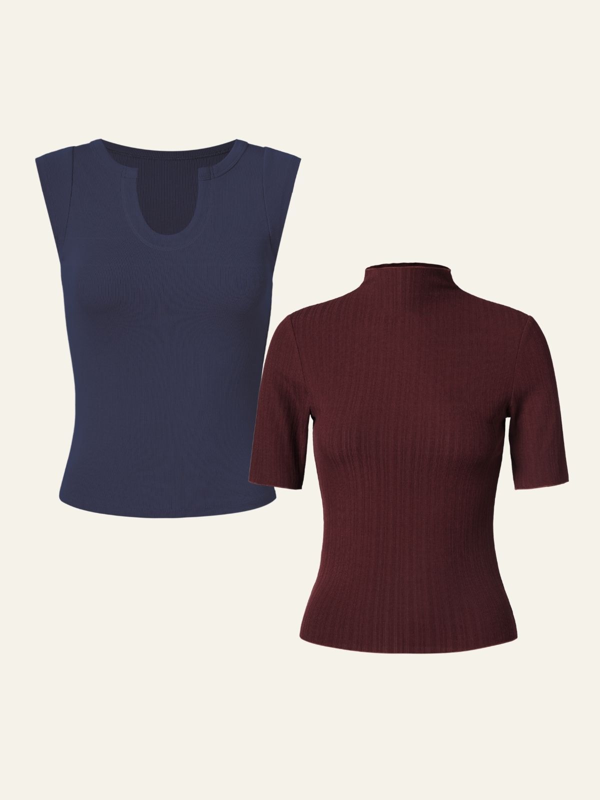 Wood Cellulose U-Notch Tank & Textured Mock Neck Mid-Sleeves Top 2Pcs Set sold by ogl move product image thumbnail 7