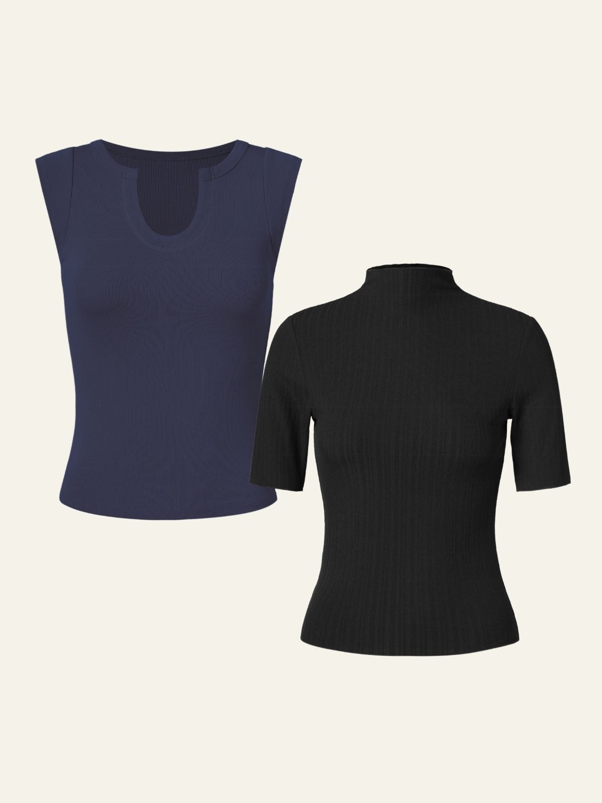 Wood Cellulose U-Notch Tank & Textured Mock Neck Mid-Sleeves Top 2Pcs Set sold by ogl move product image thumbnail 8