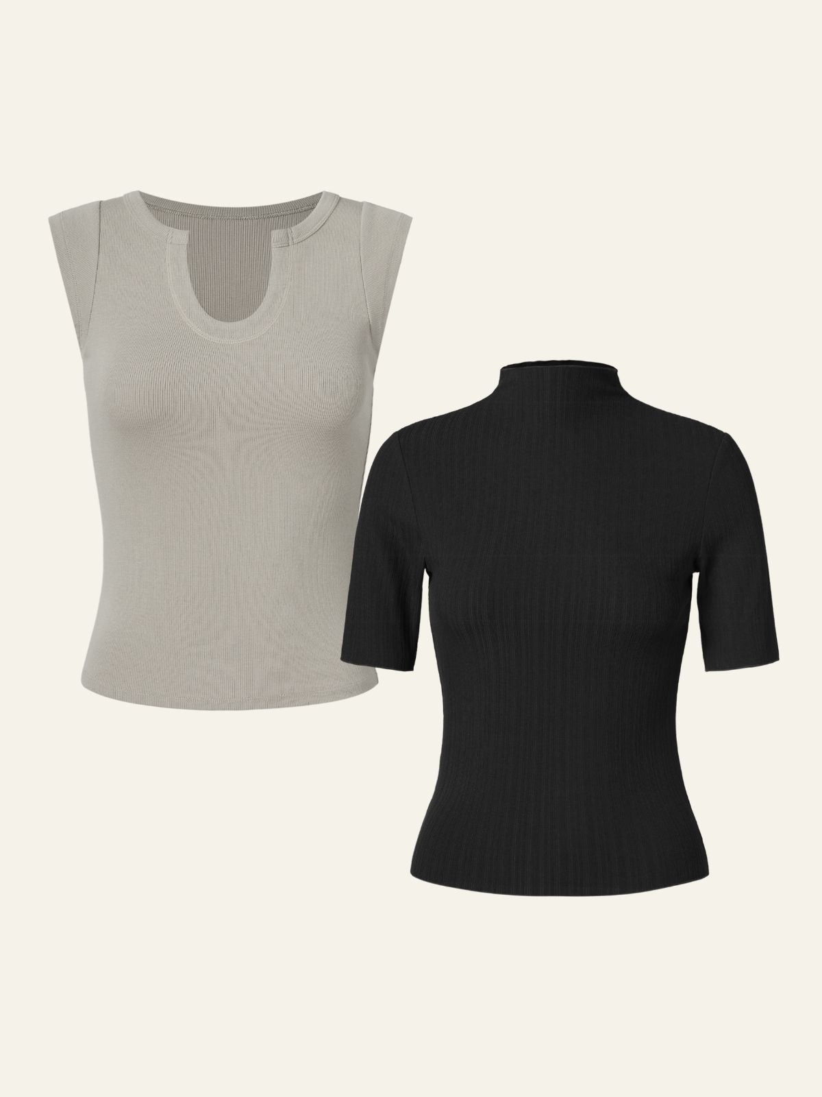 Wood Cellulose U-Notch Tank & Textured Mock Neck Mid-Sleeves Top 2Pcs Set sold by ogl move product image thumbnail 5
