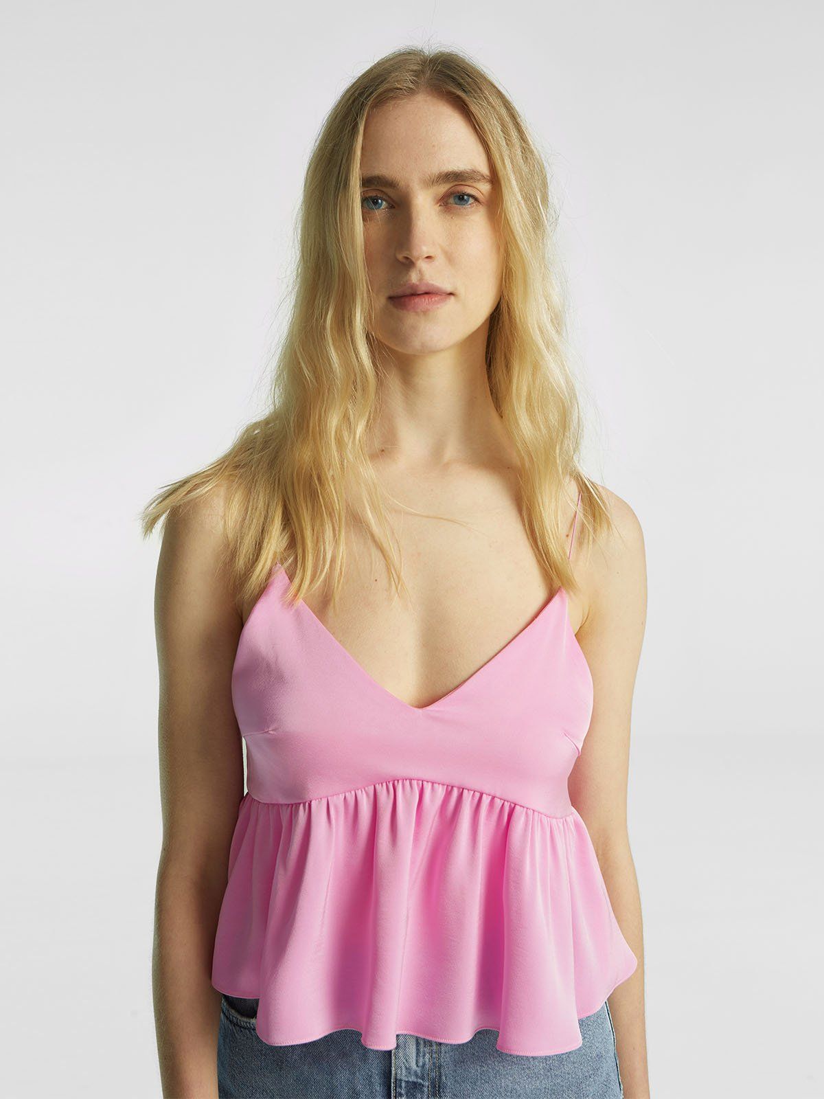 Silk-Like Pearl-Shine Ruffled V-Neck Cami sold by ogl move product image thumbnail 3