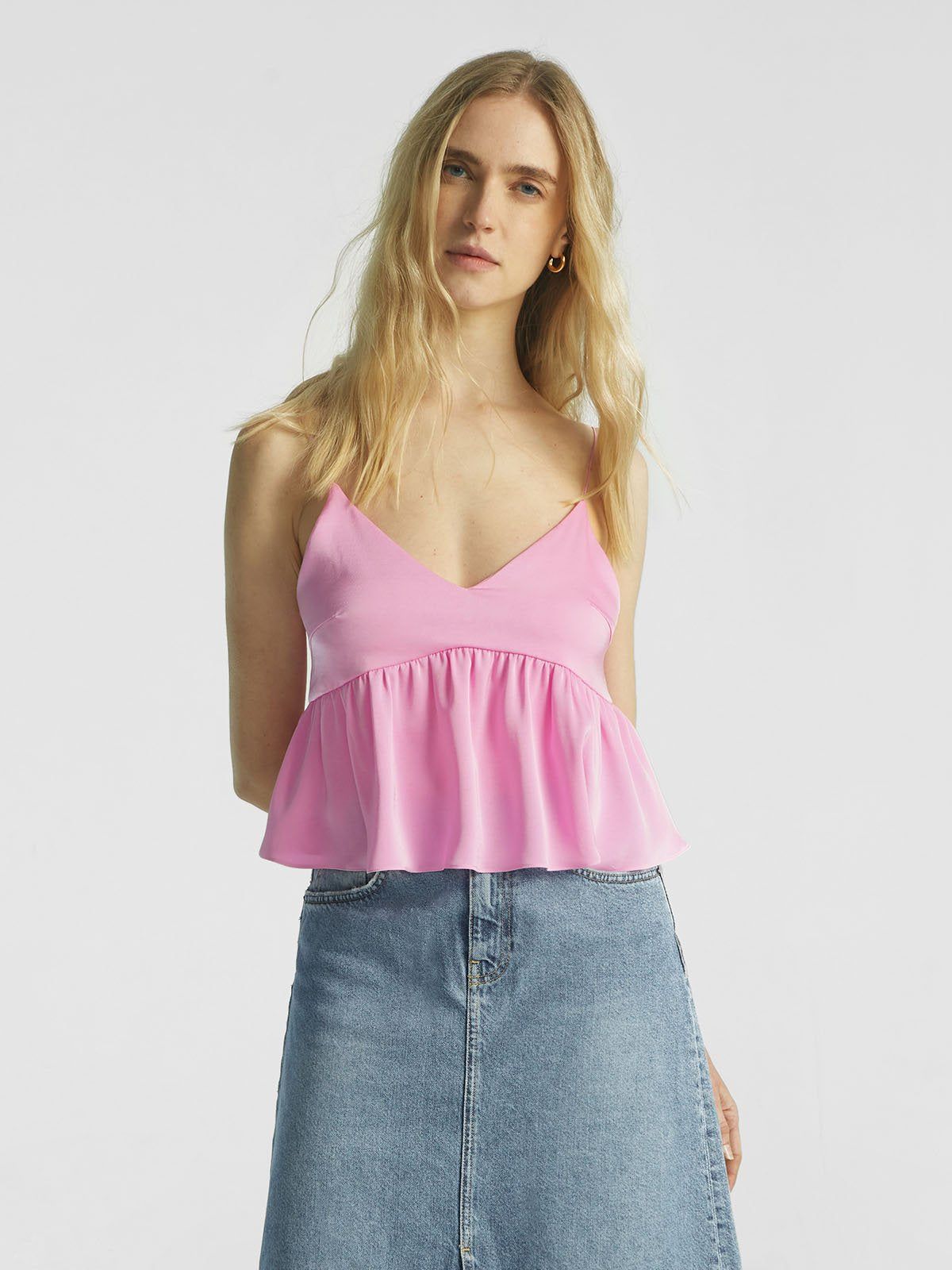 Silk-Like Pearl-Shine Ruffled V-Neck Cami sold by ogl move