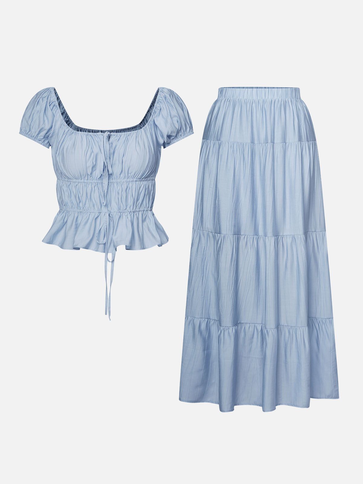 Puff Sleeve Ruched Top & Tiered Maxi Skirt-2 Pcs Set sold by ogl move