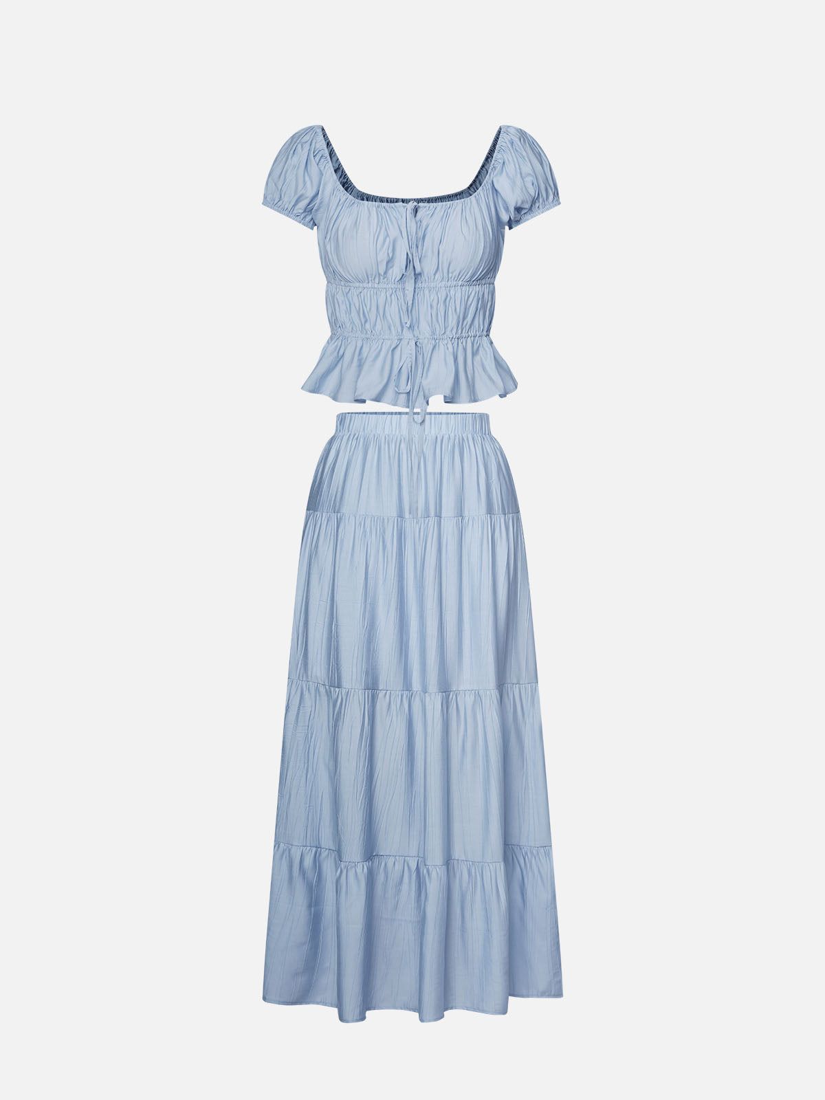 Puff Sleeve Ruched Top & Tiered Maxi Skirt-2 Pcs Set sold by ogl move product image thumbnail 2