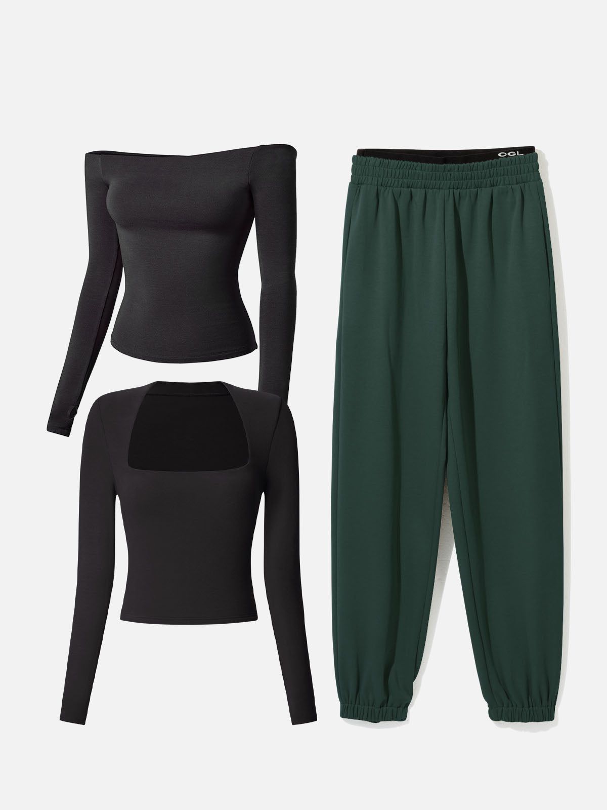 Sweatpants-Classic&Square Neck Long Sleeve Top&Multi-Wear Body Top 3Pcs Set sold by ogl move