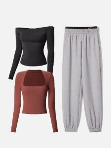 Sweatpants-Classic&Square Neck Long Sleeve Top&Multi-Wear Body Top 3Pcs Set sold by ogl move