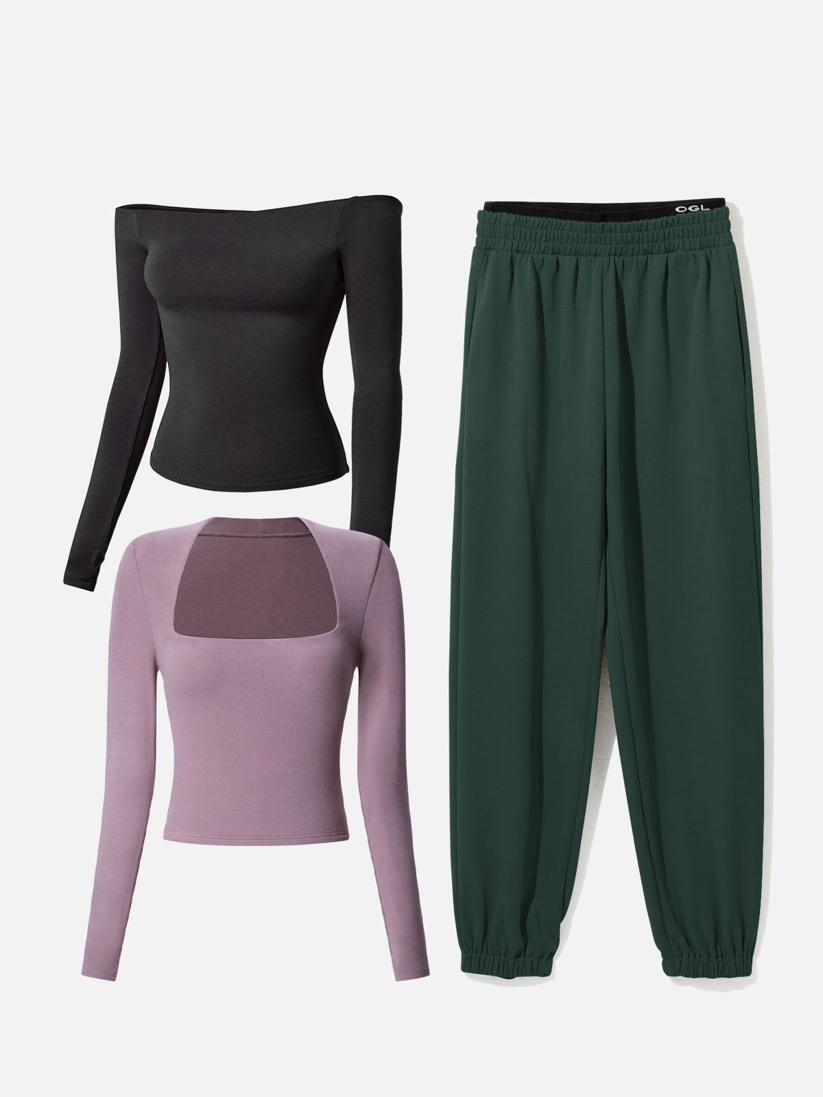 Sweatpants-Classic&Square Neck Long Sleeve Top&Multi-Wear Body Top 3Pcs Set sold by ogl move product image thumbnail 2