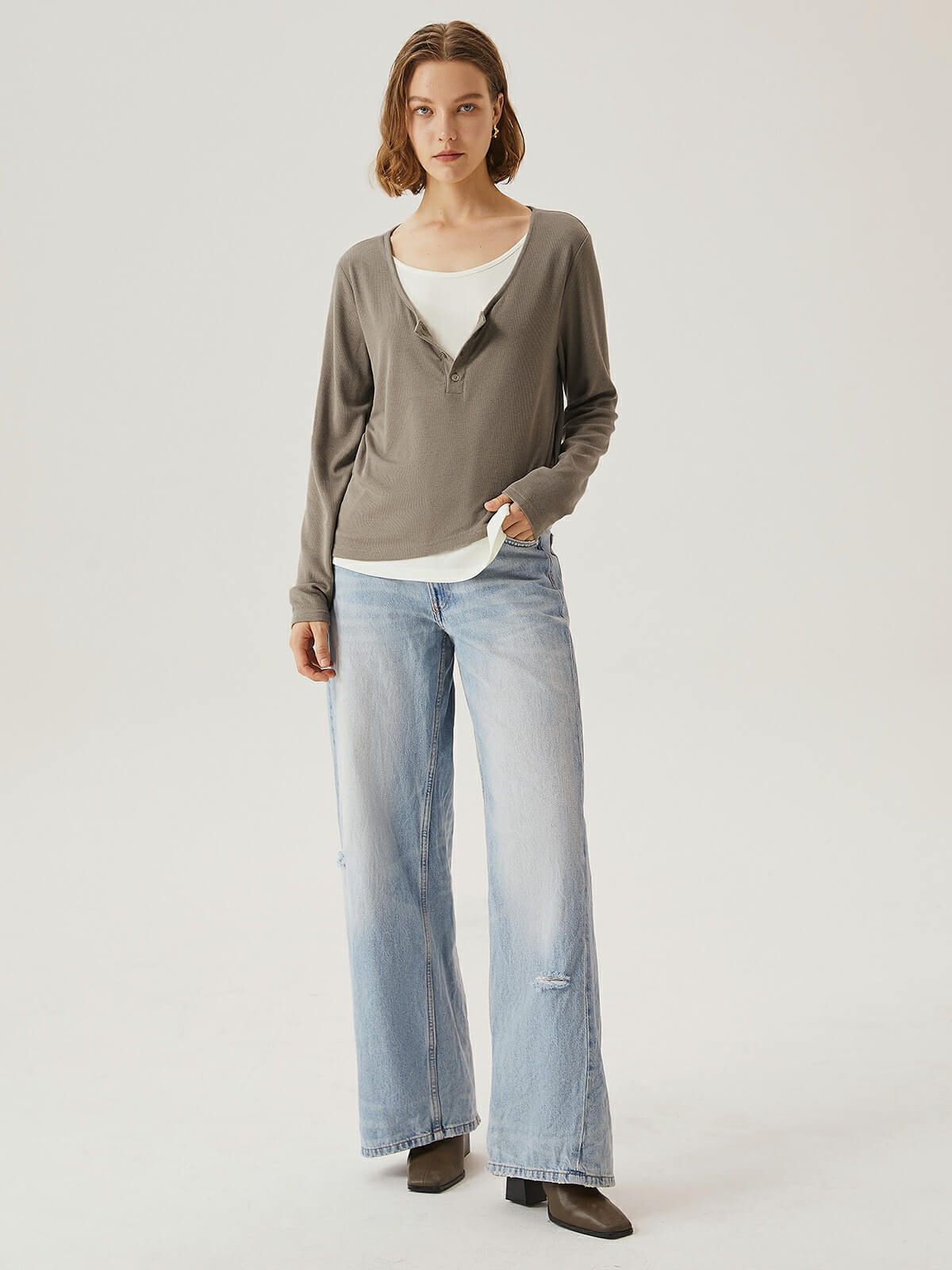 Merino Wool Faux-Two-Piece Henley Top sold by ogl move product image thumbnail 3