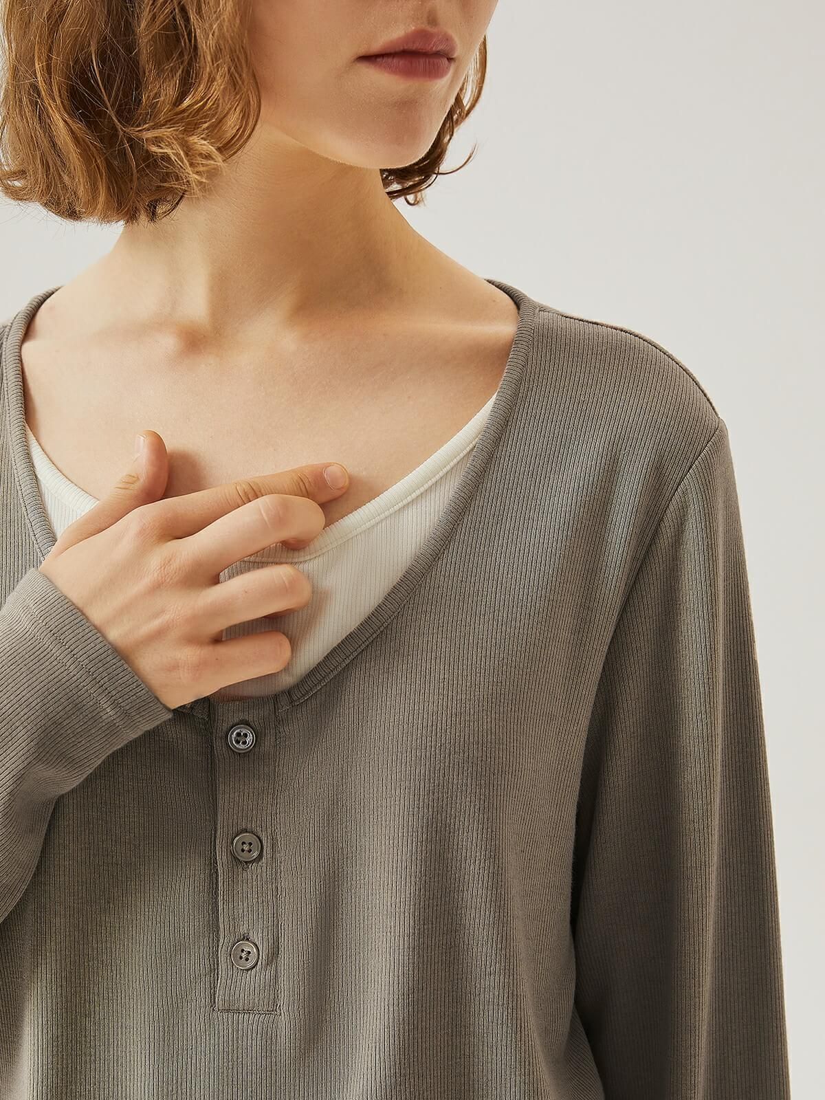 Merino Wool Faux-Two-Piece Henley Top sold by ogl move product image thumbnail 4