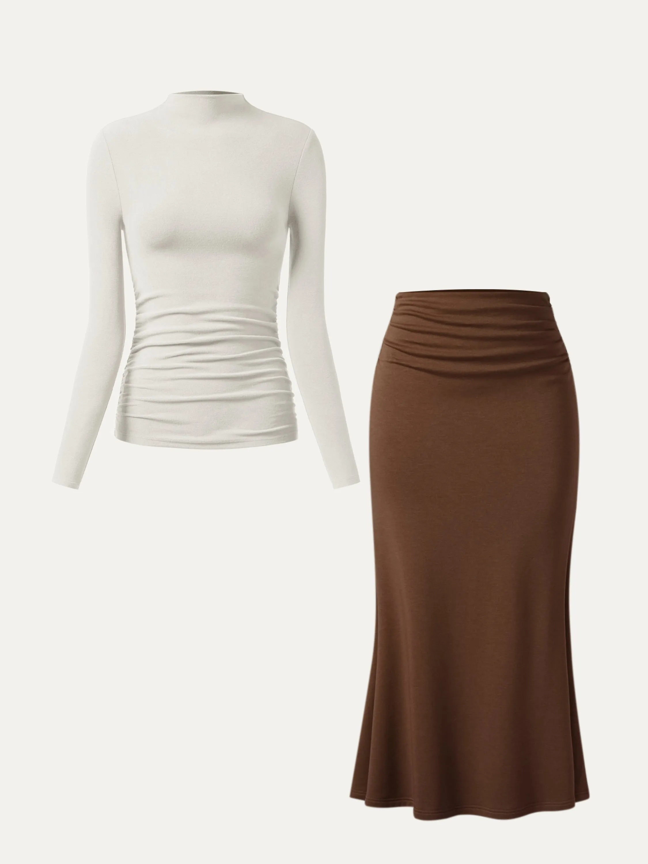 2Pcs Set Ruched Sides Mockneck Top & Mermaid Maxi Skirt sold by OGLmove product image thumbnail 4